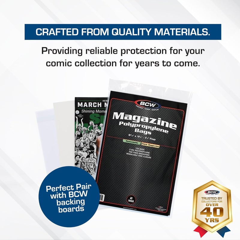 BCW Thick Resealable Magazine Bags - 1 Pack of 100 | Acid-Free, Clear Polypropylene Sleeves for Archival-Quality Storage of Collectible Magazines | Protect Your Valuable Comic Book Collection - Image 2